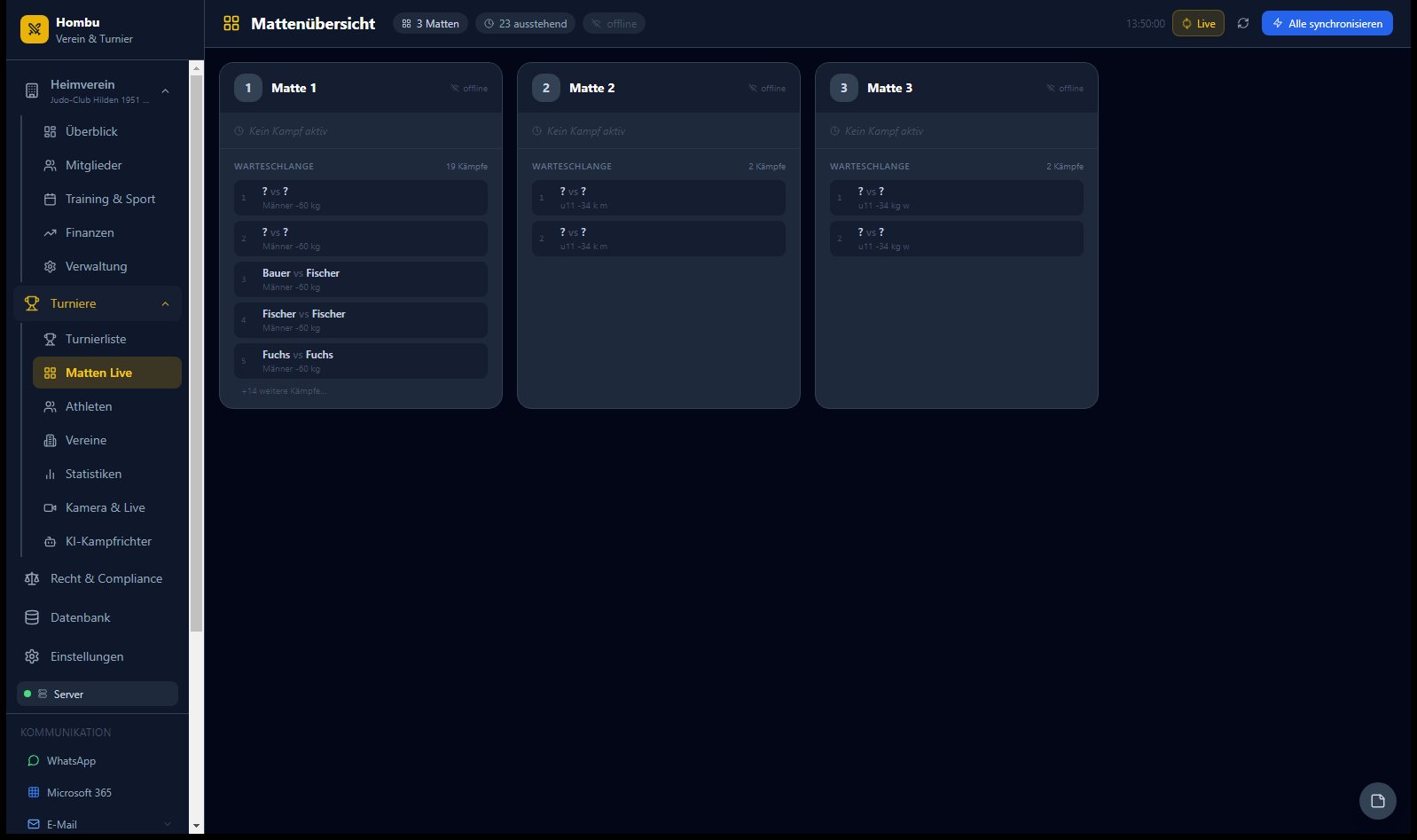 Hombu: Mattenübersicht der Turnierleitung mit drei Matten, Warteschlangen und Verbindungsstatus