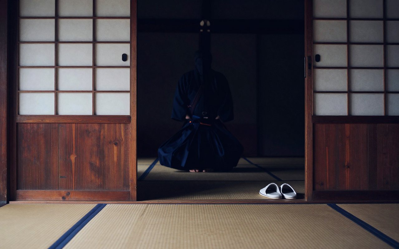 Blick aus einem Dojo auf eine geöffnete Schiebetür mit Tageslicht