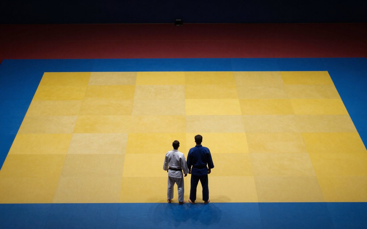 Blick von oben auf eine Judo-Wettkampffläche mit Kampfrichterlinien