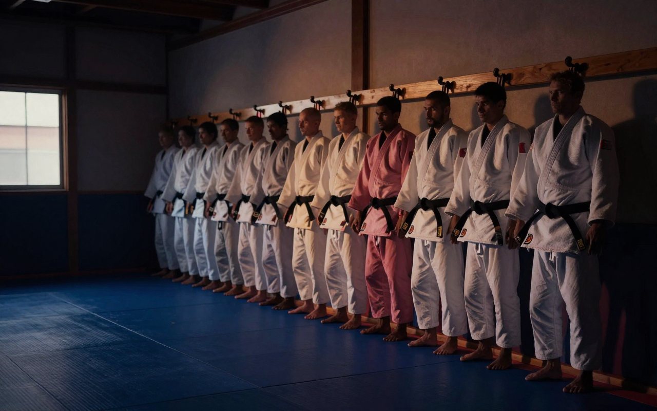 Judogürtel an einer Holzleiste in einem leeren Dojo