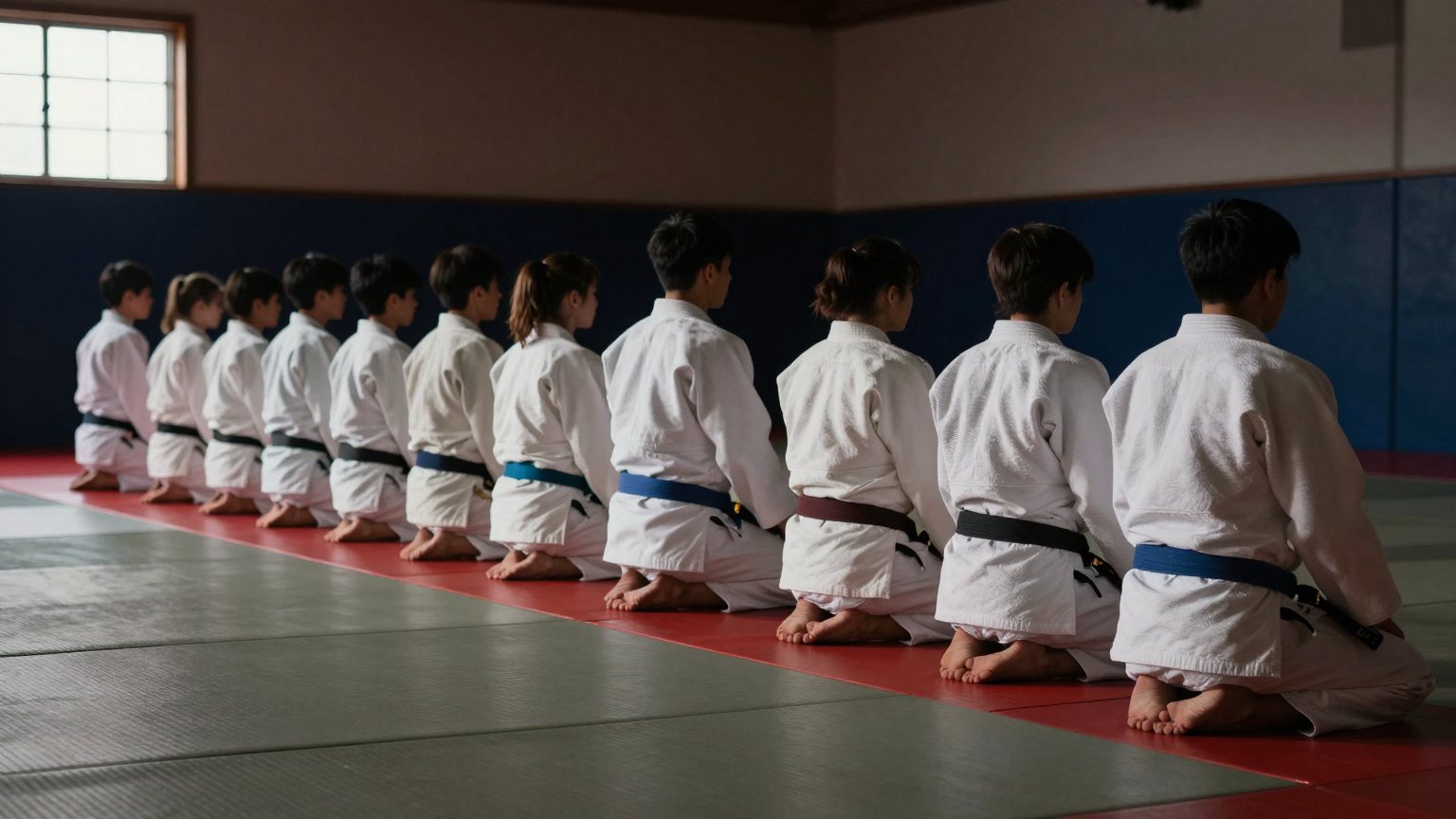 Judo-Trainingsgruppe im Sitzen am Mattenrand